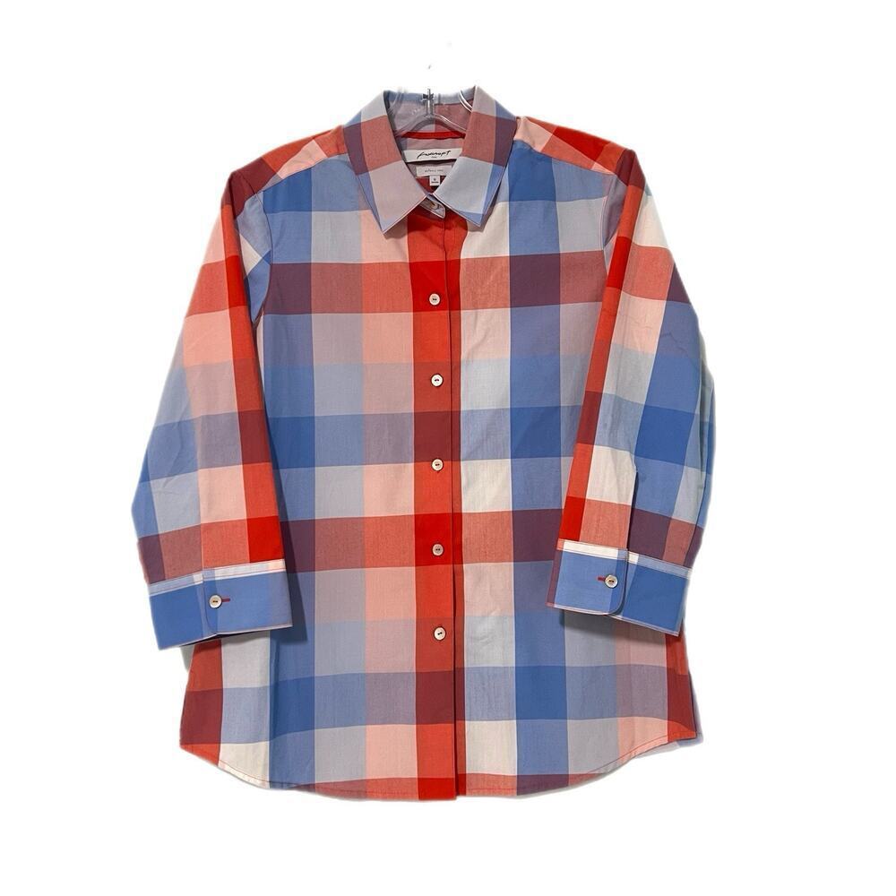Foxcroft Wrinkle Free Shaped Fit Shirt Womens 6 Blue Red Plaid Buttons Down